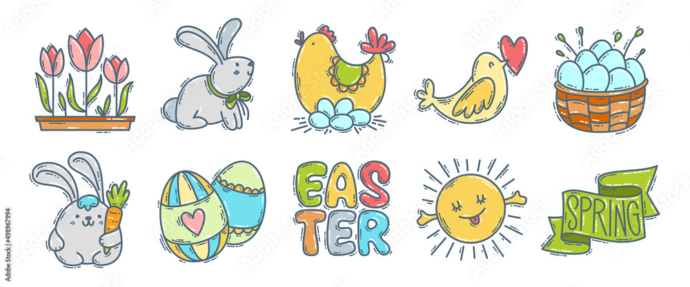 Easter doodle hand-drawn icon set with simple engraving effect. Cute colorful symbols and elements collection.
