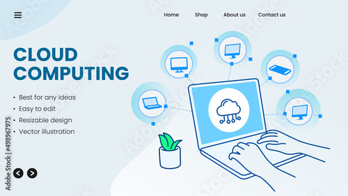Cloud computing concept with laptop monitor phone pc laptop communicating with resources located in the cloud. Vector illustration.