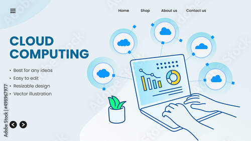 Cloud computing, data analysis, and research concept with laptop monitor communicating with resources located in the cloud. Vector illustration.