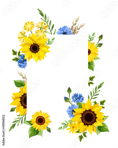Greeting or invitation card design with blue and yellow sunflowers, cornflowers, dandelion flowers, gerbera flowers, ears of wheat, and green leaves. Vector illustration