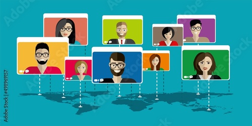 people connecting together, learning and meeting online with teleconference or video conference remote working all over the world, work from home and anywhere, flat vector illustration.