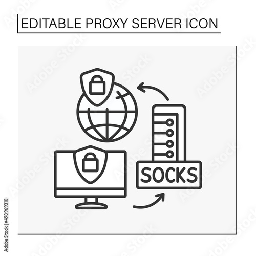 Socks protocol line icon. Socket Secure network protocol. Connecting by firewall by routing network traffic. Proxy server concept. Isolated vector illustration. Editable stroke