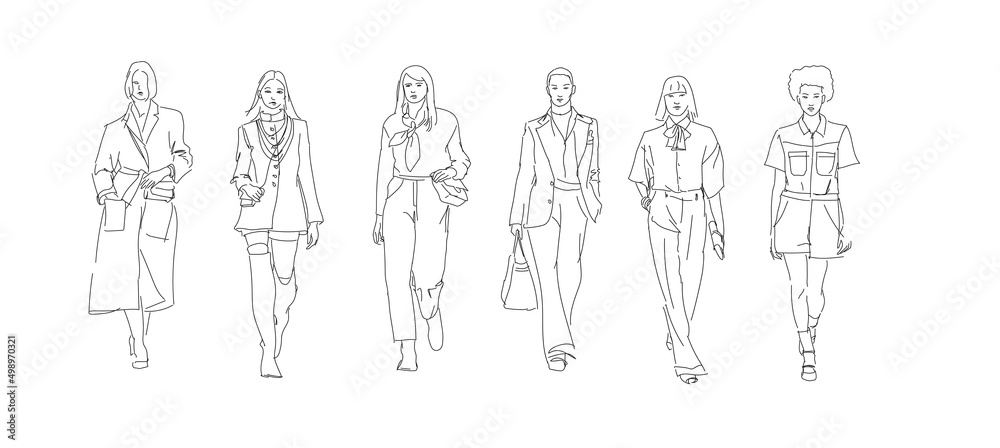 croquis de mode avec des silhouettes de femmes mannequin qui défilent Stock  Illustration | Adobe Stock