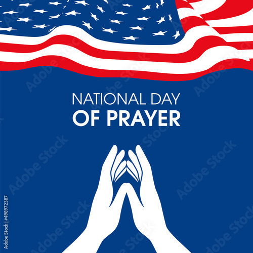 National Day of Prayer vector. Praying hands white silhouette icon vector. Human hands in prayer with american flag icon vector. Important day