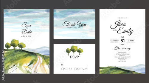 wedding invitation with mountain view watercolor background..