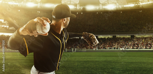 Принти на полотні Professional baseball player taking a shot during match in crowed sport stadium at evening time
