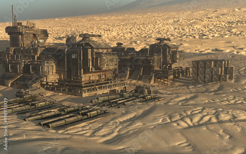 Bilde på lerret Abandoned desert outpost military buildings 3d render