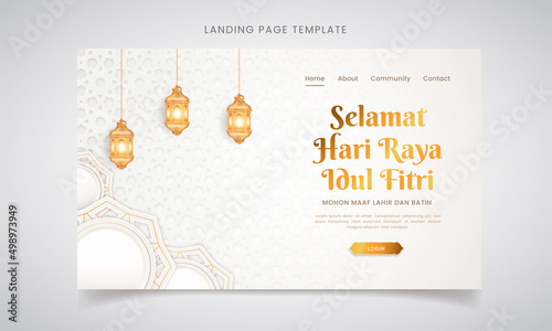White luxury Eid al-fitr landing page with decorative ornament pattern and lanterns Premium Vector