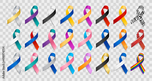 Set of realistic different color ribbon awareness ribbons. Elements for design. Vector ribbon various colors isolated on white background