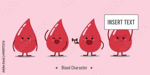 Set of blood character flat style cartoon illustration icon in different poses premium Vector for donor,  anemia, thalassemia, hemophilia awareness