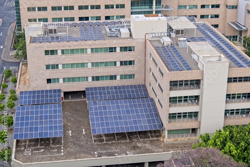 Aerial view of solar panels on office building