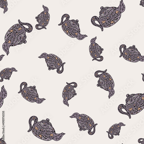 Seamless pattern with cute teapots. Background of doodle kettle decorative ceramic.