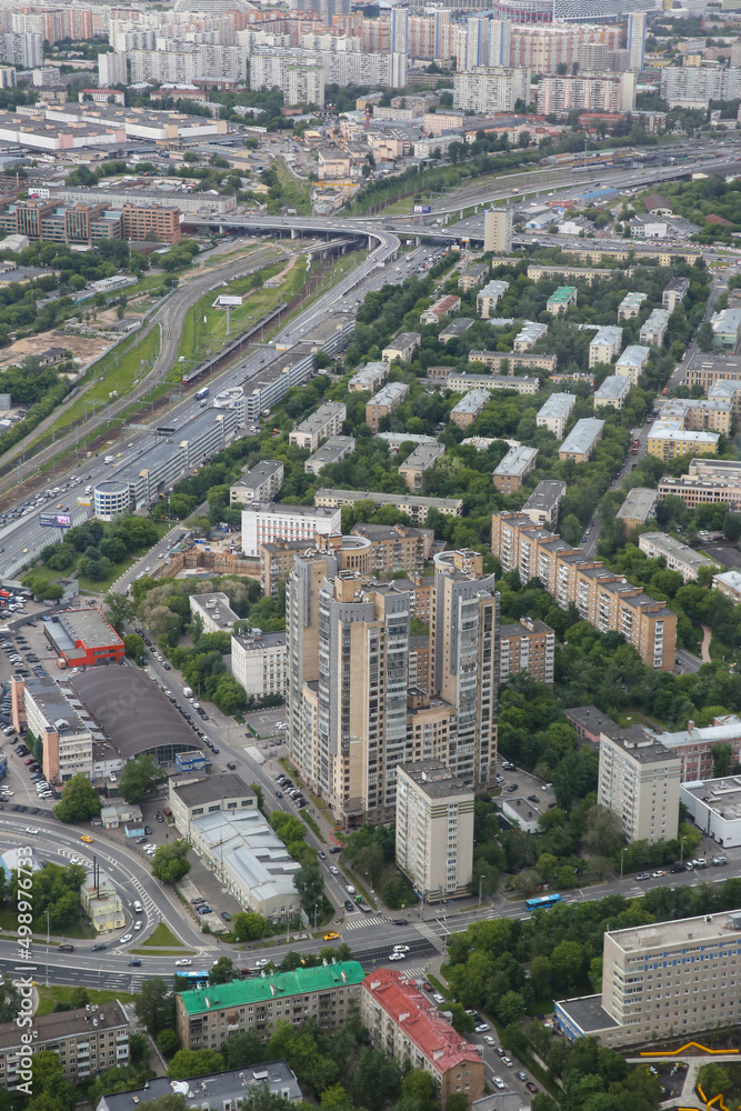 Aerial view of  city Moscow in summer. Form from the observation platform of the business center of Federation Tower Moscow City.  Photography from a height of 374 meters.