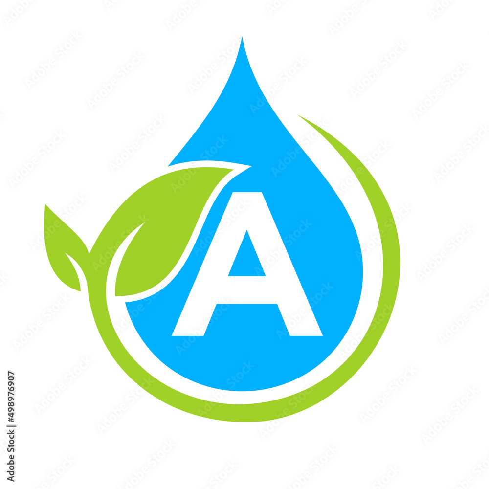 Eco Leaf and Water Drop Logo on Letter A Template. Letter A Water ...
