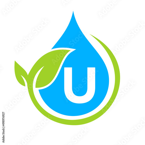 Eco Leaf and Water Drop Logo on Letter U Template. Letter U Water Concept