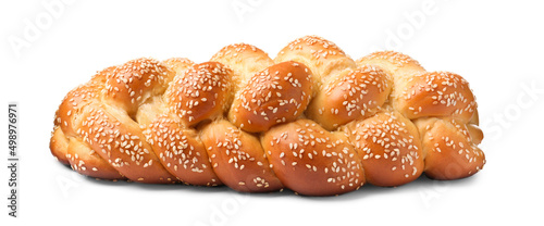 Bild auf Leinwand Homemade braided bread with sesame seeds isolated on white