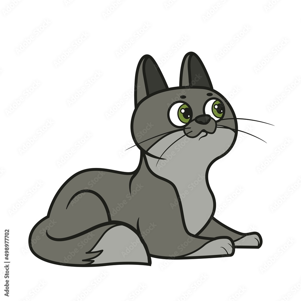 Cute cartoon cat lies on the surface color variation for coloring page on white background