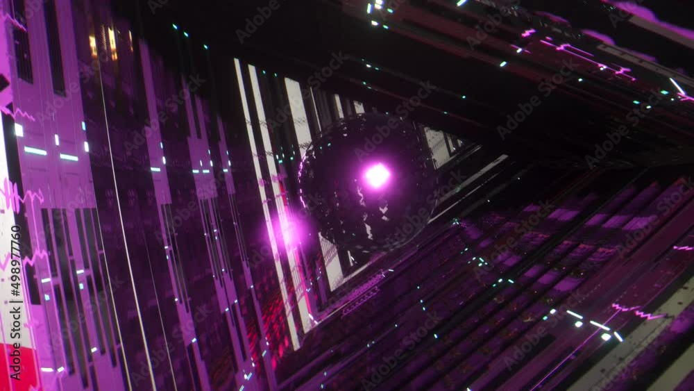 Animazione 3D interno tunnel a forma triangolare e sfera centrale