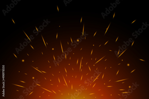 Fiery sparks on air over dark night. Flying glowing particles from fire. Flame lights effect on black background vector eps illustration