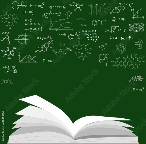Book on theme of science and chemistry. Structural formulas of substances. Book white outline on background. Vector illustration in sketch style. Vector illustration of Mathematics. Mathematics