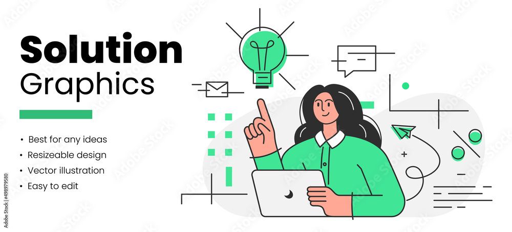 Beautiful young businesswoman working on a laptop with light bulb creative idea brainstorming startup business solution thinking process. Vector flat design illustration. Beautiful young businesswoman working on a laptop with light bulb creative idea brainstorming startup business solution thinking process. Vector flat design illustration.
