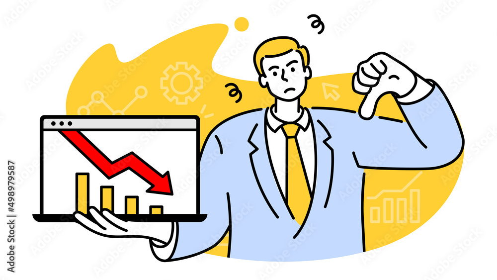 Disappointed businessman holding laptop and showing thumbs down to profit crisis, Business infographics, Statistic and data, bankruptcy, financial crisis, money loss, down arrow, economy reduction. Disappointed businessman holding laptop and showing thumbs down to profit crisis, Business infographics, Statistic and data, bankruptcy, financial crisis, money loss, down arrow, economy reduction.