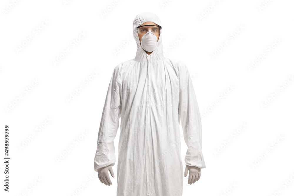 Man in a white hazmat suit and mask Man in a white hazmat suit and mask