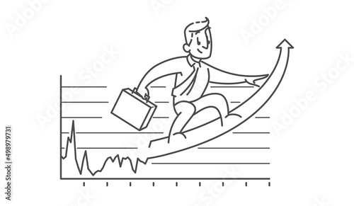 Successful business man surfing a rising arrow