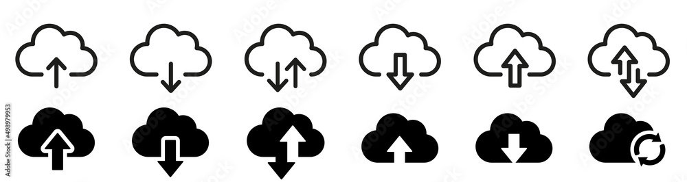 Cloud download and upload icon. Upload download cloud arrow. Line style. Download cloud computing outline and filled vector sign. Download symbol. - obrazy, fototapety, plakaty 