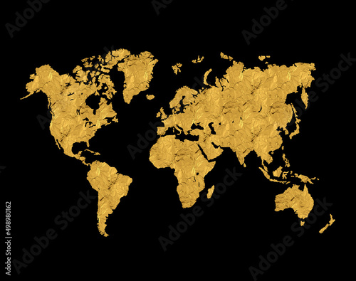 Fototapeta Naklejka Na Ścianę i Meble -  World Map Golden Wrinkled Paper Continental Black Background 3D Illustration