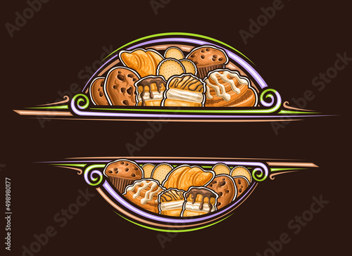 Vector border for Sweet Bakery with blank copyspace for text, decorative signboard with illustration of variety pastries, butter cookies, french sweets with custard cream and drizzle danish cinnabon