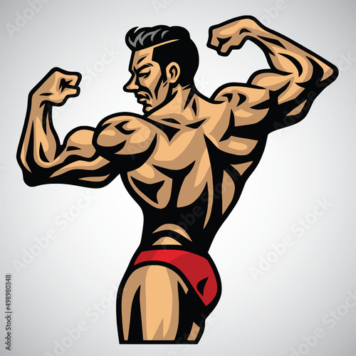 Fototapeta Naklejka Na Ścianę i Meble -  Bodybuilder Muscle Muscly Strong Man Pose Fitness Mascot Logo Design Illustration Vector Template