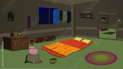 Poor house room inside with kitchen cartoon background with bed, table, window, door, chair vector illustration.