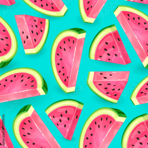 Seamless pattern with watermelon slices on blue background. Vector illustration. Watermelon summer background