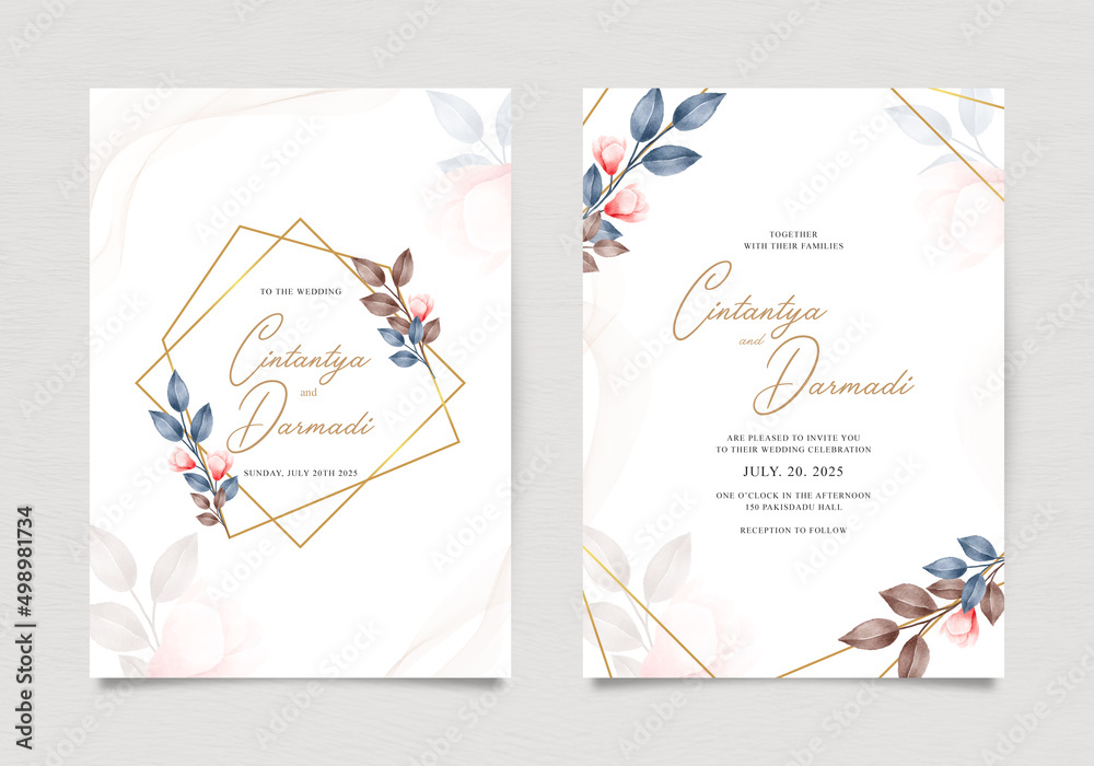 Beautiful wedding invitation template with golden geometric and leaves