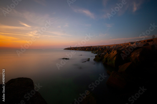 Kerpe Rocks and Pink Rocks. Amazing sunset view on the beach made up of different rock shapes. Colorful fine art image. Giant rocks on the beach. Kerpe, Kocaeli Izmit, Turkey photo