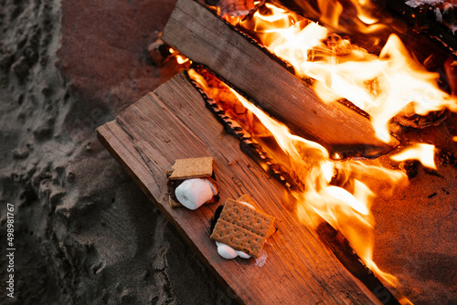 Quadro su tela Making s'mores at the beach