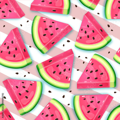 Seamless pattern with watermelon slices on striped background. Vector illustration. Watermelon summer background