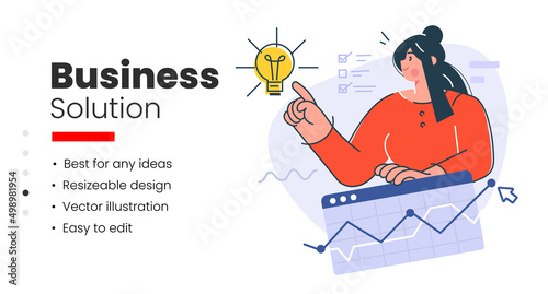 Young female working on analytics, work with statistics, web pages, data, and research also touch a bright light bulb. Concept of a creative idea, solution, brainstorming, innovation, creativity.