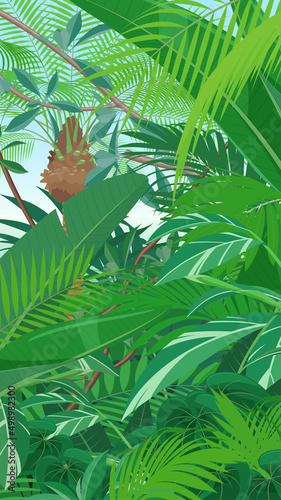 トロピカルな植物の風景_ジャングルの背景イラスト_16:9_縦