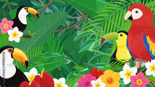 トロピカルな鳥と植物の風景_ジャングルの背景イラスト_16:9