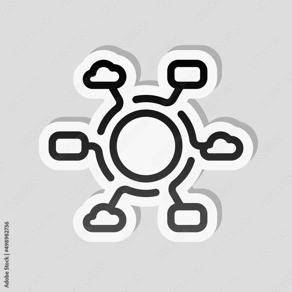 Digital technology, social network, global connect, simple business logo. Linear sticker, white border and simple shadow on gray background