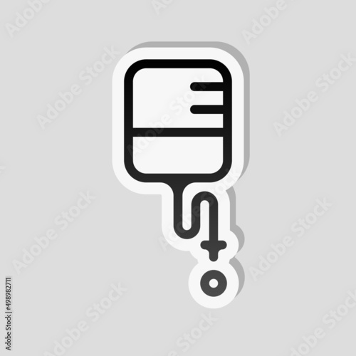 Blood bag, donor day, simple medical logo. Linear sticker, white border and simple shadow on gray background