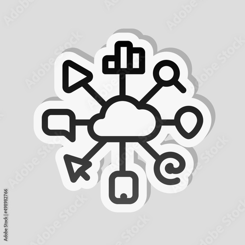 Digital marketing, business icon. Linear sticker, white border and simple shadow on gray background