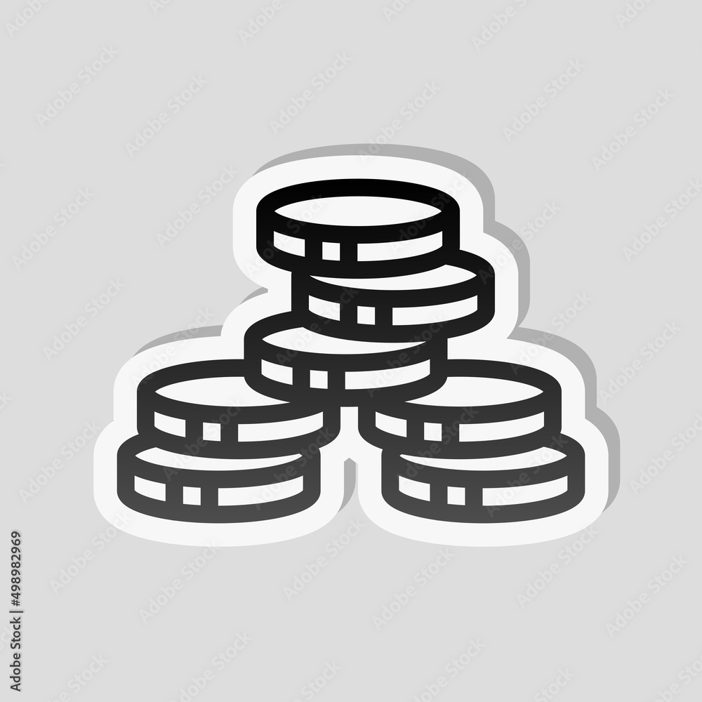 Stack of money coins, dollar or euro, business icon. Linear sticker, white border and simple shadow on gray background Stack of money coins, dollar or euro, business icon. Linear sticker, white border and simple shadow on gray background