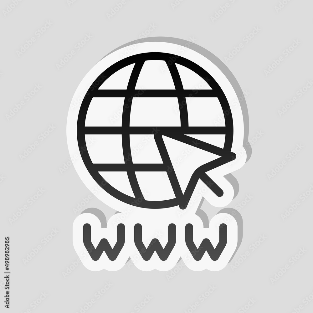Website in internet, globe with arrow, online world, web icon. Linear sticker, white border and simple shadow on gray background Website in internet, globe with arrow, online world, web icon. Linear sticker, white border and simple shadow on gray background