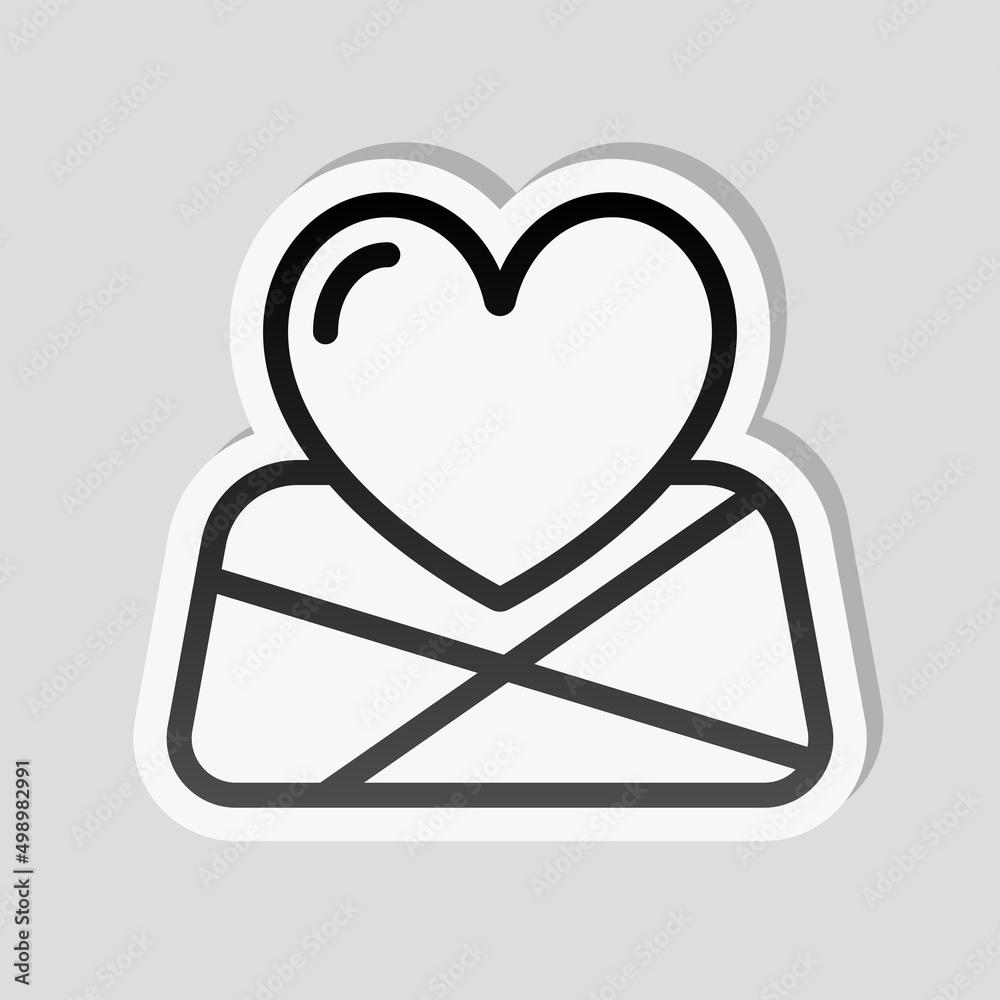 Paper map and heart, favorite addresses, loved places. Linear sticker, white border and simple shadow on gray background
