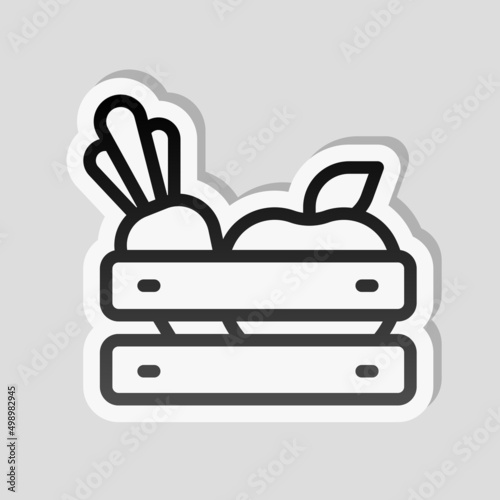 Grocery basket, shopping at the supermarket, Full box of fresh food. Linear sticker, white border and simple shadow on gray background