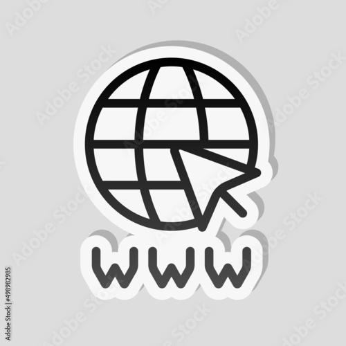 Website in internet, globe with arrow, online world, web icon. Linear sticker, white border and simple shadow on gray background