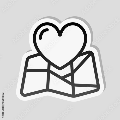 Paper map and heart, favorite addresses, loved places. Linear sticker, white border and simple shadow on gray background